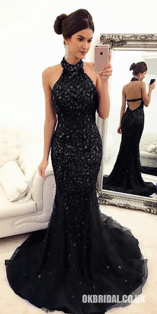 Luxury Black Beaded Halter Backless Mermaid Tulle Prom Dresses, FC2031