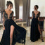 Long Sleeve Black Mermaid Evening Prom Dresses, Sexy Deep V Neckline Slit Party Prom Dress, Custom Long Prom Dresses, Cheap Formal Prom Dresses, 17076