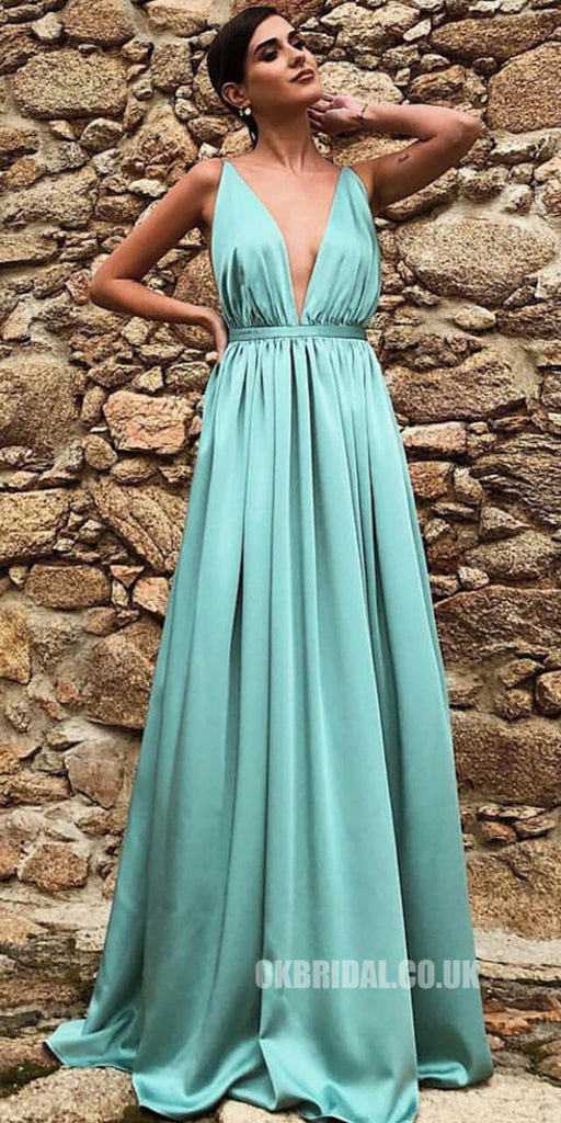 Spaghetti Straps A-line Deep V-neck Backless Satin Chiffon Prom Dresses, FC2297