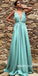 Spaghetti Straps A-line Deep V-neck Backless Satin Chiffon Prom Dresses, FC2297