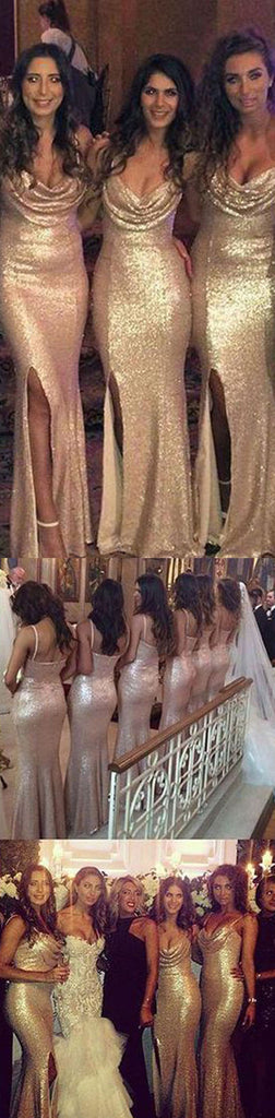 Sexy Seqin Mermaid Side Split Sparkly Women Cheap Long Wedding Party Bridesmaid Dresses, WG26