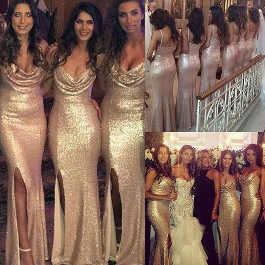 Sexy Seqin Mermaid Side Split Sparkly Women Cheap Long Wedding Party Bridesmaid Dresses, WG26