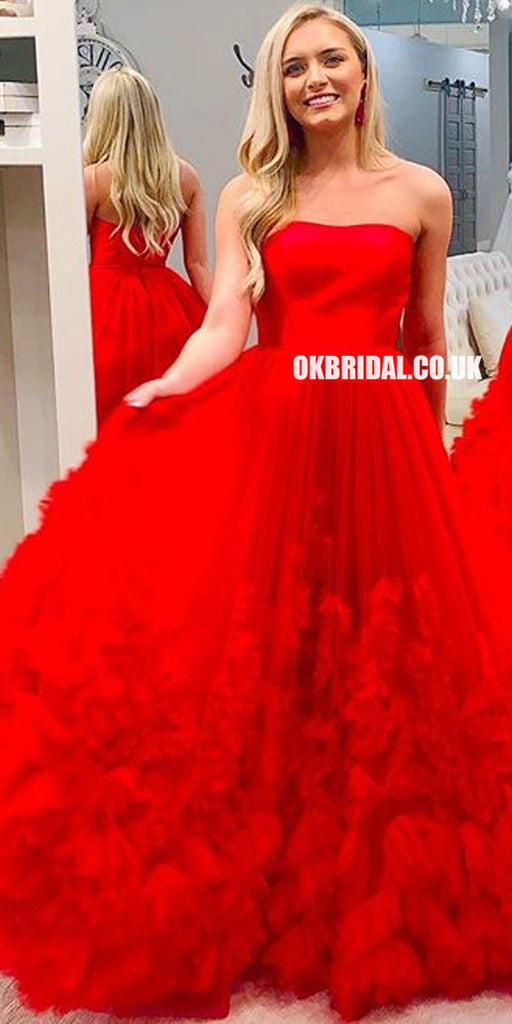 Red SweetHeart A-line Tulle Sinple Floor-Length Backless Prom Dresses, FC2491