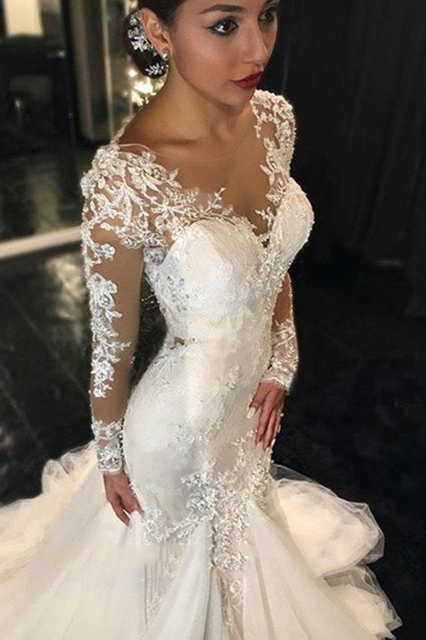 Long Sleeve Lace Mermaid Wedding Dresses,  Sexy See Through Long Custom Wedding Gowns, Affordable Bridal Dresses, 17101