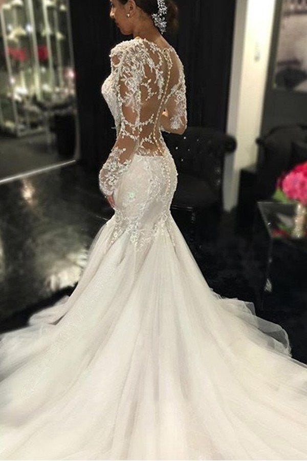 Long Sleeve Lace Mermaid Wedding Dresses,  Sexy See Through Long Custom Wedding Gowns, Affordable Bridal Dresses, 17101