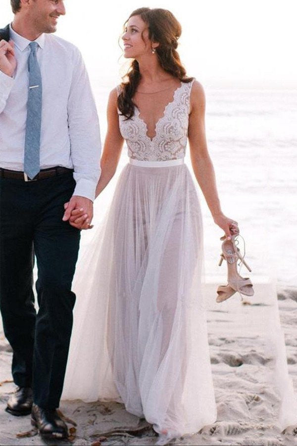 Deep V Neckline Lace Beach Wedding Dresses,  Sexy Long Custom Wedding Gowns, Affordable Bridal Dresses, 17104