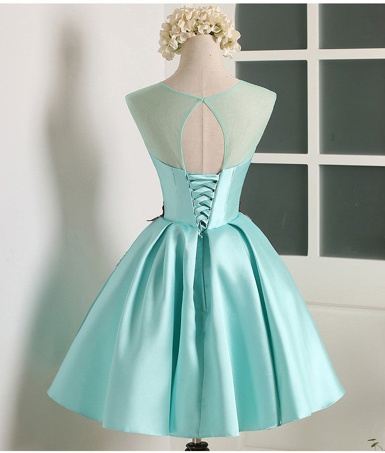 Satin Applique Tulle Graduation Dress, Knee-Length Homecoming Dress, LB0267