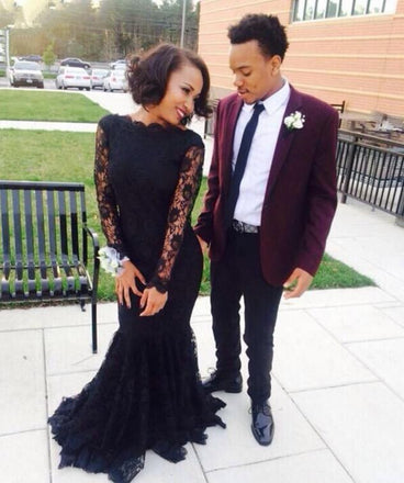Black Mermaid Lace Long Sleeve Sexy Affordable Long Evening Party Prom Dress, WG269