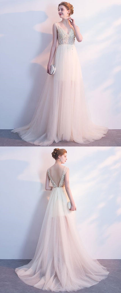 New Arrival Tulle A-Line Prom Dress, V-Neck Backless Beaded Prom Dress, KX271