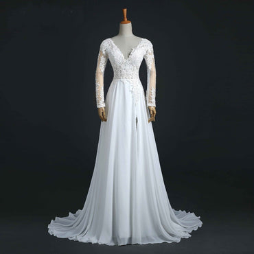 Long Wedding Dress, Lace Wedding Dress, Chiffon Wedding Dress, Side Split Bridal Dress, Long Sleeve Wedding Dress, Custom Made Wedding Dress, LB0271