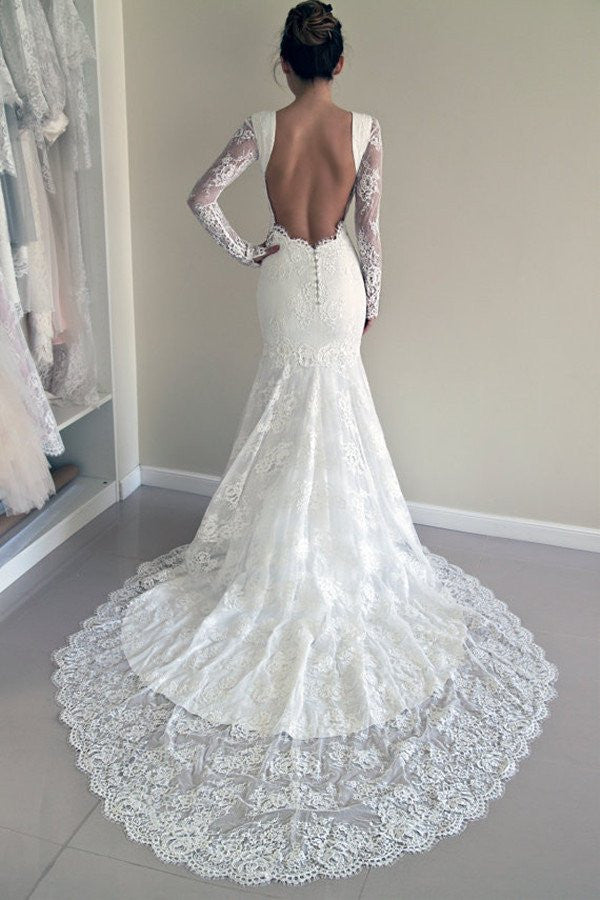 Long Sleeve Lace Backless Mermaid Wedding Dresses,  2017 Long Custom Wedding Gowns, Affordable Bridal Dresses, 17116