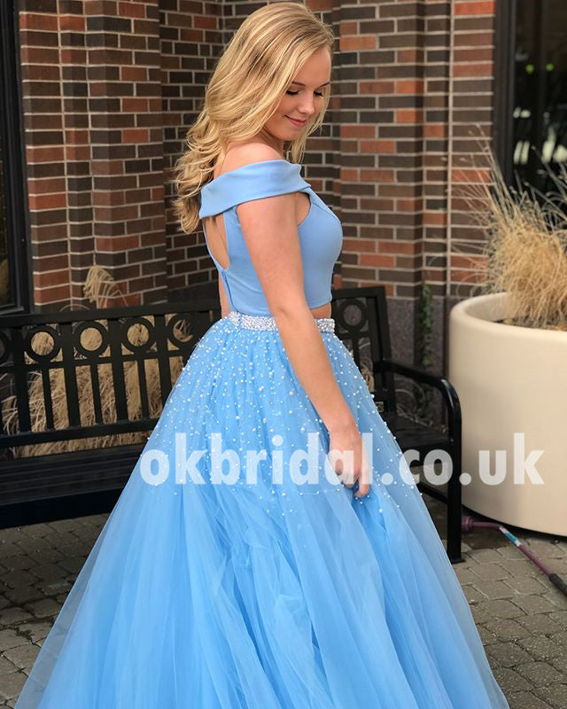 Two Pieces Off Shoulder Prom Dress, Blue A-Line Beaded Prom Dress, KX623