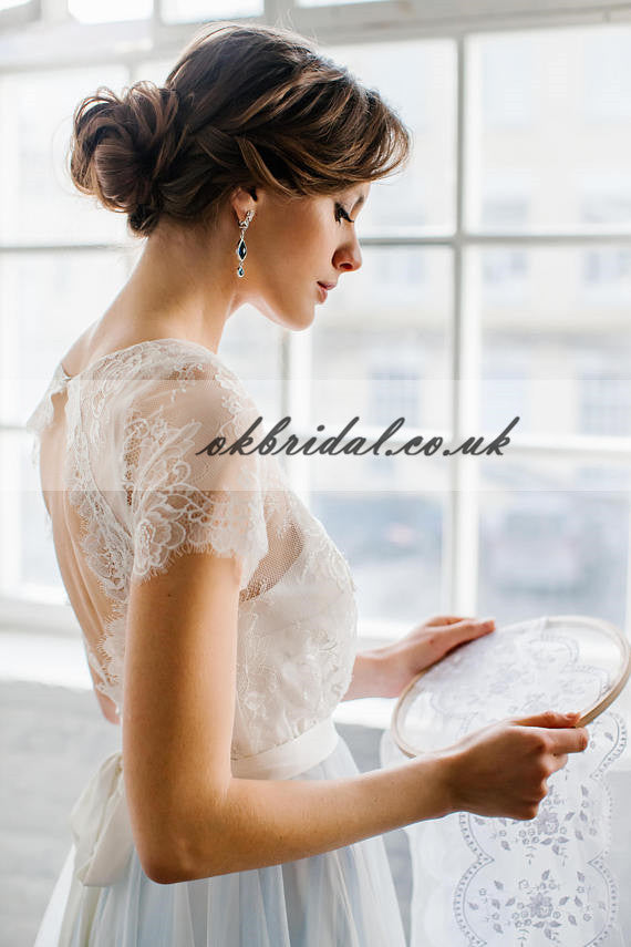 Charming Lace Short Sleeve Wedding Dress, Tulle Open-Back Wedding Dress, KX280