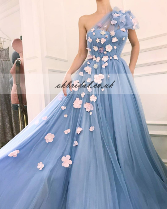 One Shoulder Tulle Prom Dress, Charming A-Line Applique Prom Dress, KX314