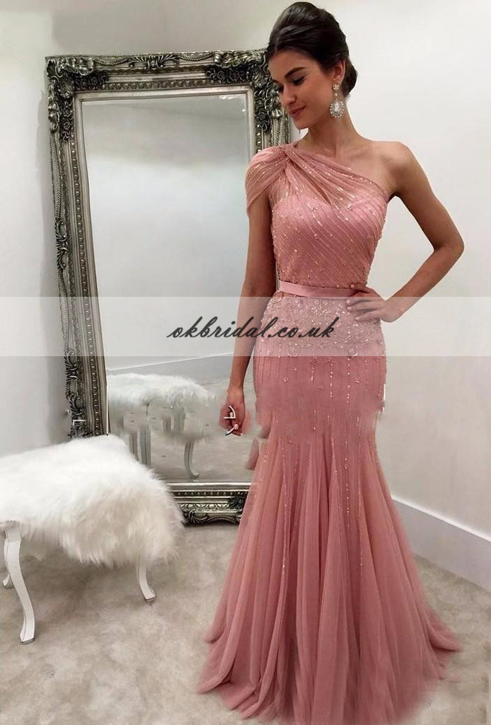 One Shoulder Tulle Prom Dress, Beaded Prom Dress, Mermaid Prom Dress, KX328