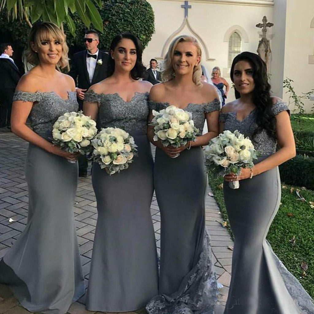 Popular Off Shoulder Grey Bridesmaid Dresses, Lace Mermaid Backless Jersey Bridesmaid Dresses, KX329