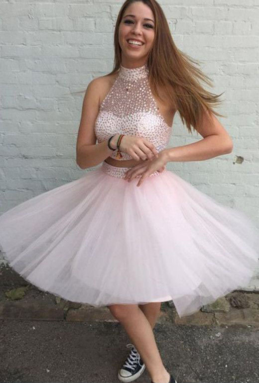 Two Pieces Homecoming Dress with Rhinestones,Short prom Dresses,Tulle prom Gown,Blush Pink Homecoming Dress,Beautiful Prom Gown,220034