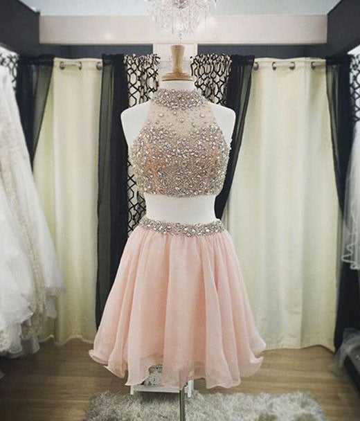 Two Pieces Homecoming Dress with Rhinestones,Short prom Dresses,Tulle prom Gown,Blush Pink Homecoming Dress,Beautiful Prom Gown,220034