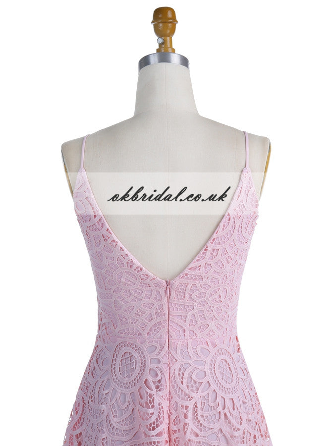 Spaghetti Straps Cheap Bridesmaid Dresses, Pink Lace V-Back Bridesmaid Dresses, KX350