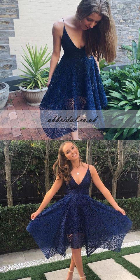 Spaghetti Straps Cheap Bridesmaid Dresses, Navy Blue Lace V-Back Bridesmaid Dresses, KX352