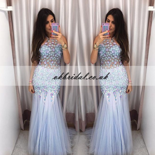 Halter Tulle Prom Dress, Backless Beaded Prom Dress, Mermaid Prom Dress, KX354