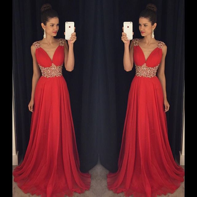 Red Chiffon A-Line Sleeveless Open-Back Beaded Prom Dress, FC375