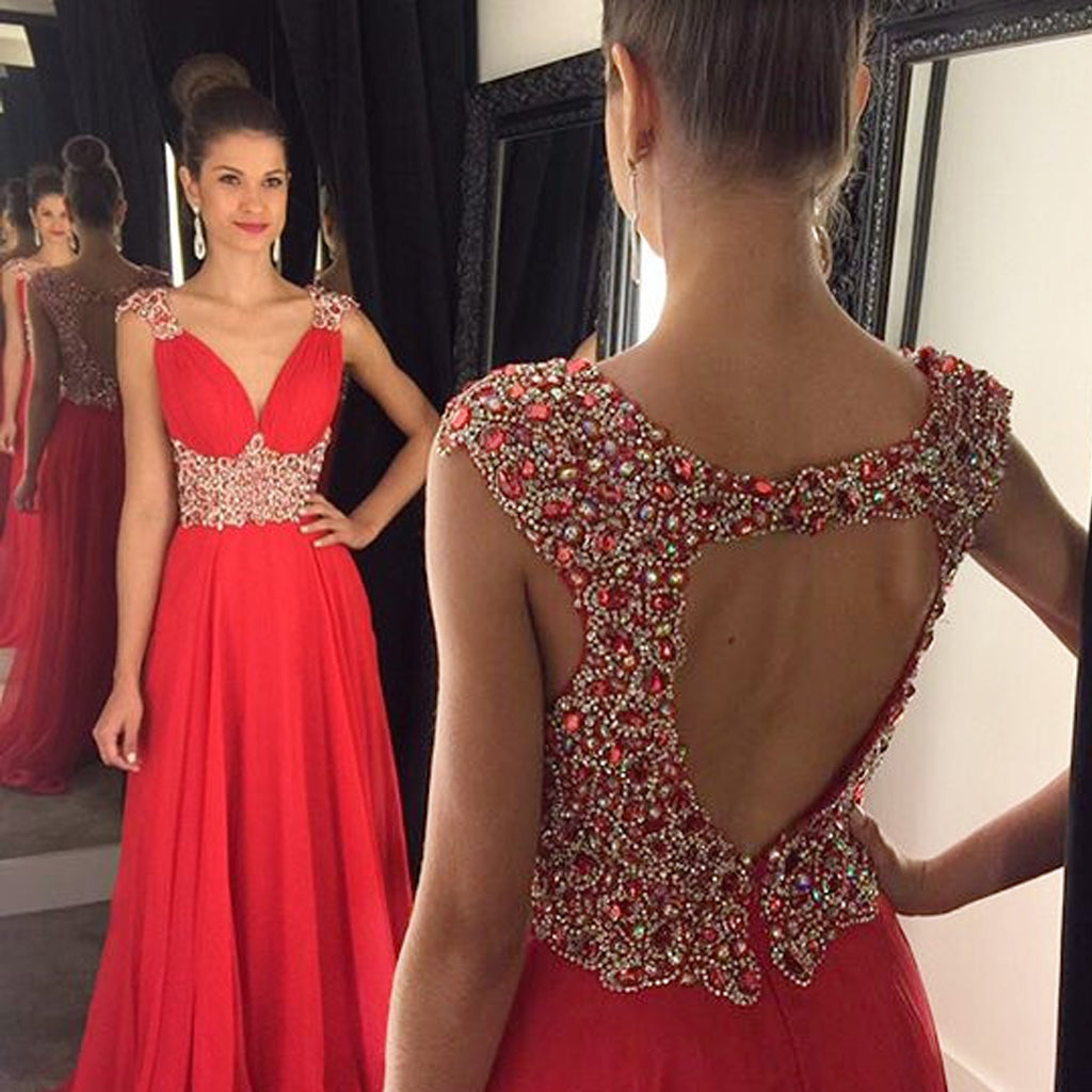 Red Chiffon A-Line Sleeveless Open-Back Beaded Prom Dress, FC375