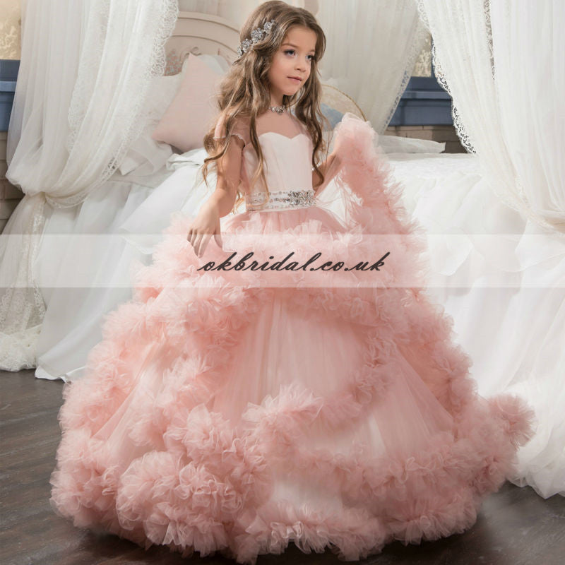 Pink Tulle Beaded Flower Girl Dresses, Lovely Little Girl Dresses, KX376