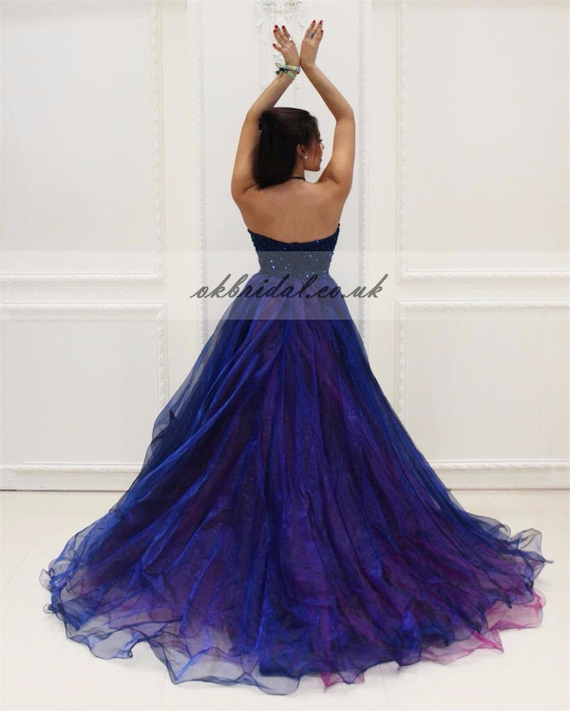 Halter High-Low Organza Prom Dress, Charming Beaded Backless Prom Dress, KX377