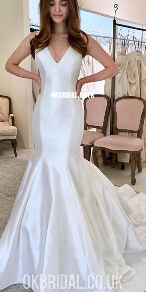 Charming Satin V-neck Backless Mermaid Sleeveless Wedding Dresses, FC3865