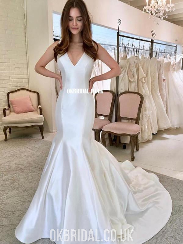 Charming Satin V-neck Backless Mermaid Sleeveless Wedding Dresses, FC3865