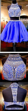Sexy 2 pieces beaded Royal Blue short homecoming prom dresses, CM0028