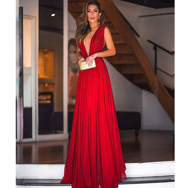 Red A-Line Backless Sexy Deep V-neck Beads Sleeveless Chiffon Prom Dress, FC409