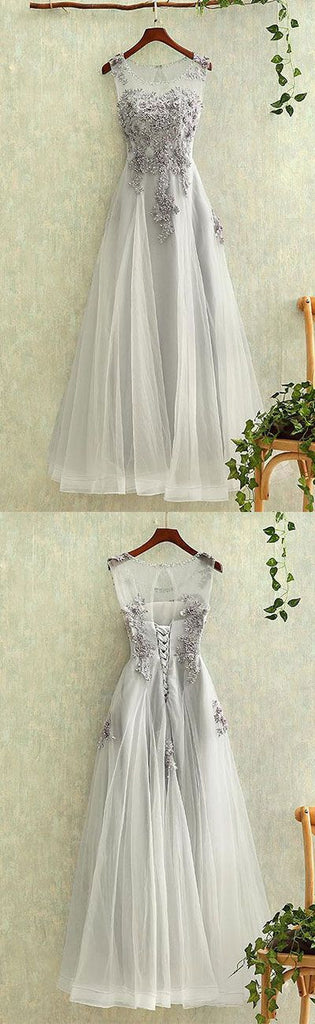 New Arrival A Line Charming gray tulle lace Sleeveless Open Back Applique Floor-Length prom dress,220041