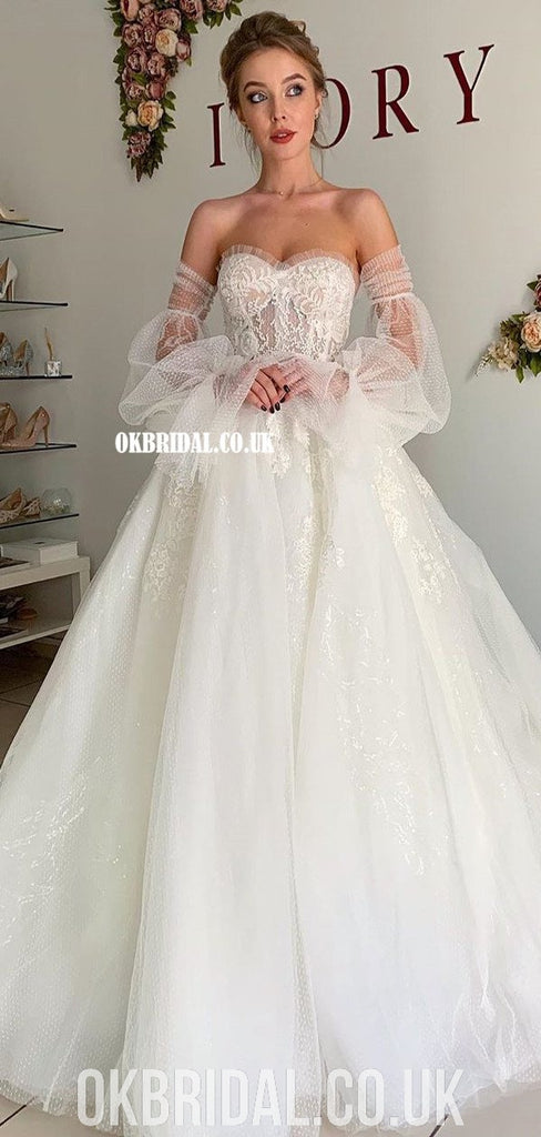 Charming A-line Tulle Backless Long Sleeves Sweetheart Lace Wedding Dresses, FC4455