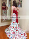 Newest Two Pieces Mermaid Prom Dress, Spaghetti Straps Printed Prom Dress, KX445