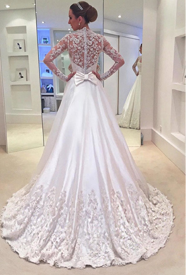 Long Wedding Dress, Satin Wedding Dress, A-Line Bridal Dress, Applique Wedding Dress, Lace Wedding Dress, Long Sleeve Wedding Dress, Elegant Wedding Dress, LB0451