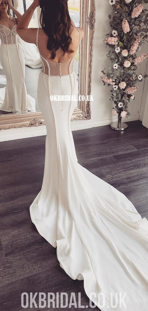 Gorgeous Mermaid Beaded Spaghetti Straps Backless Satin Wedding Dresses, FC4572