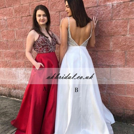 Spaghetti Straps Beaded Top V-Neck Prom Dress, Sexy V-Back Satin Prom Dress, KX458