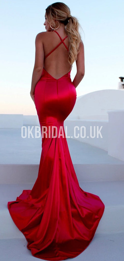 Red Mermaid Sexy Backless Elastic Satin Long Bridesmaid Dress, FC4623