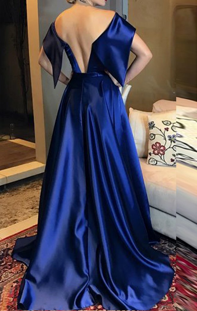 Off Shoulder Satin Long Prom Dresses, Cheap A-Line Backless Prom Dresses, KX462