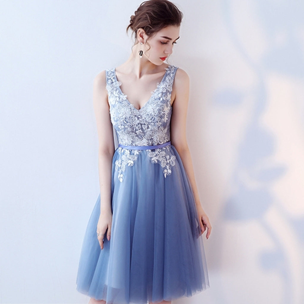 Simple A-Line Lace Homecoming Dress, Sleeveless Tulle V-Neck Homecoming Dress, KX473