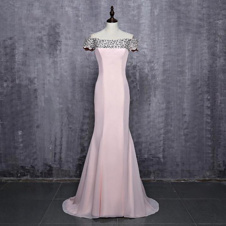 Hot Sale Off Shoulder Floor-Length Pink Beaded Sequins Long Mermaid Bridesmaid Dresses, 220049