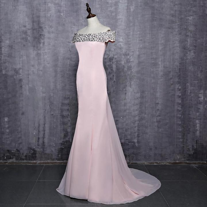 Hot Sale Off Shoulder Floor-Length Pink Beaded Sequins Long Mermaid Bridesmaid Dresses, 220049