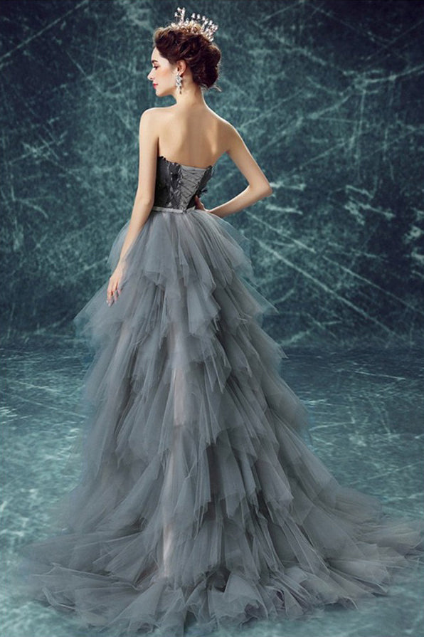 Long High Low A-Line Tulle Sweet heart Prom Dress With Cascading Ruffles, LB0493