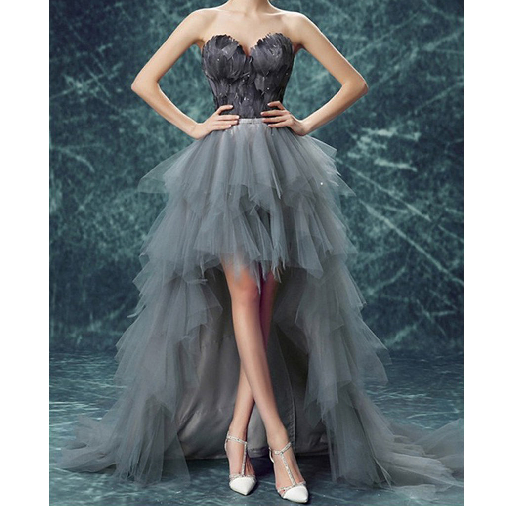 Long High Low A-Line Tulle Sweet heart Prom Dress With Cascading Ruffles, LB0493