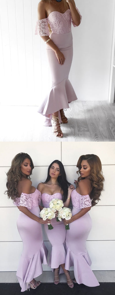 Newest Off Shoulder High-Low Lace Memraid Backless Gorgeous Bridesmaid Dresses, KX498