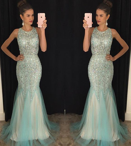 Sparkle Heavy Beaded Open Back Mermaid Sexy Long Prom Dresses, WG504