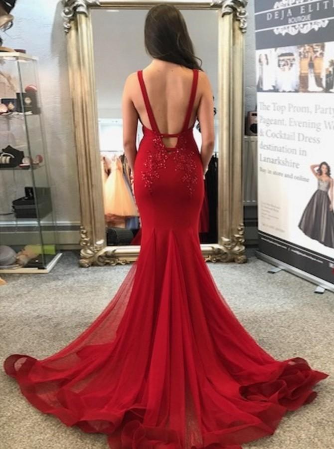 Charming Red Mermaid Prom Dresses, Organza Backless Applique Prom Dresses, KX508