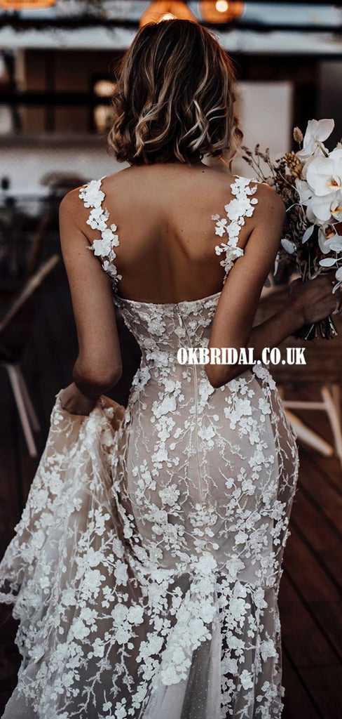 Stunning Mermaid Lace Backless Spaghetti Straps Wedding Dresses, FC5099